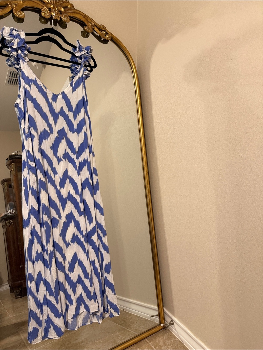 Vince Camuto Blue & White Ikat Tie-Shoulder Maxi Dress